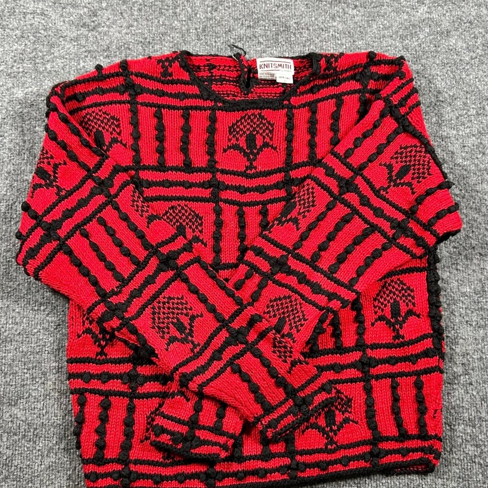 Knitsmith Sweater Womens Size S Red Black Hand Knit Ramie Cotton Popcorn Vintage